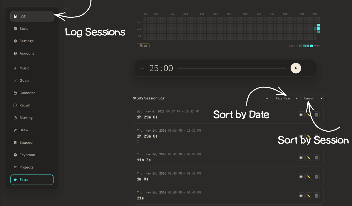 Sorting study sessions by date or time in Stuon